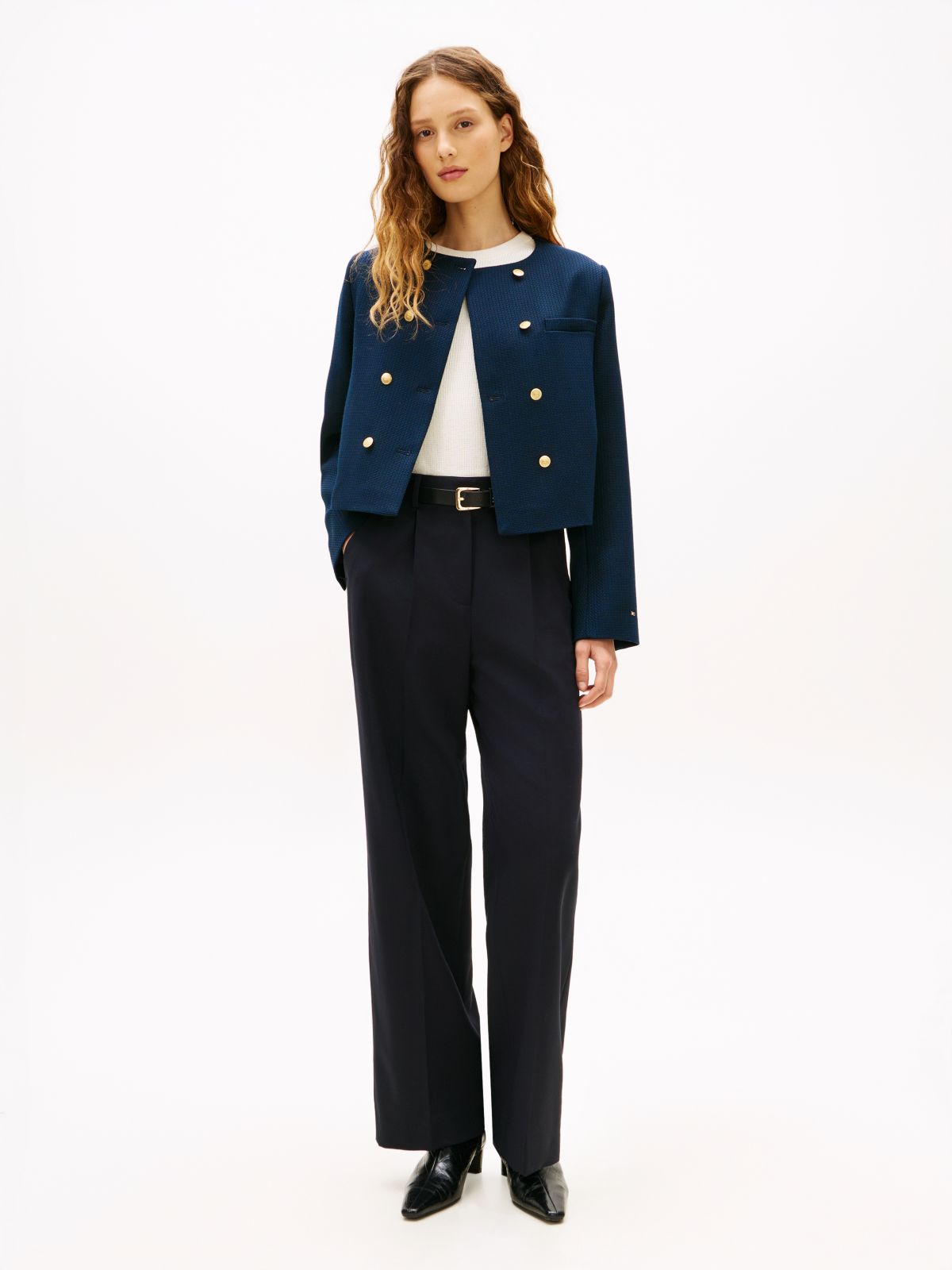 Textured Wool Blend Double Breasted Jacket — Blue