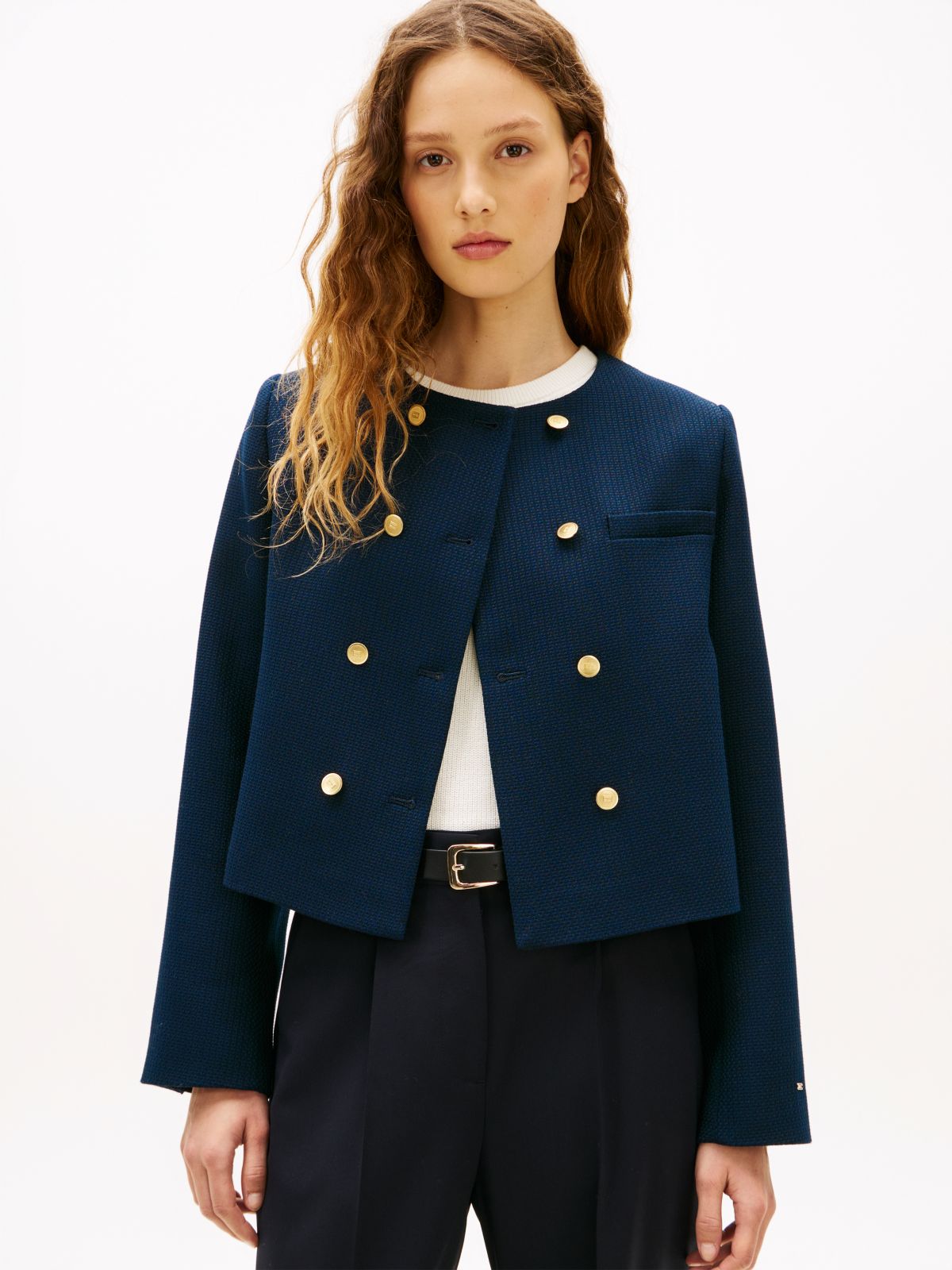 Textured Wool Blend Double Breasted Jacket — Blue