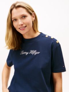 Gold-Tone Button Logo Embroidery Relaxed T-Shirt — Blue 2
