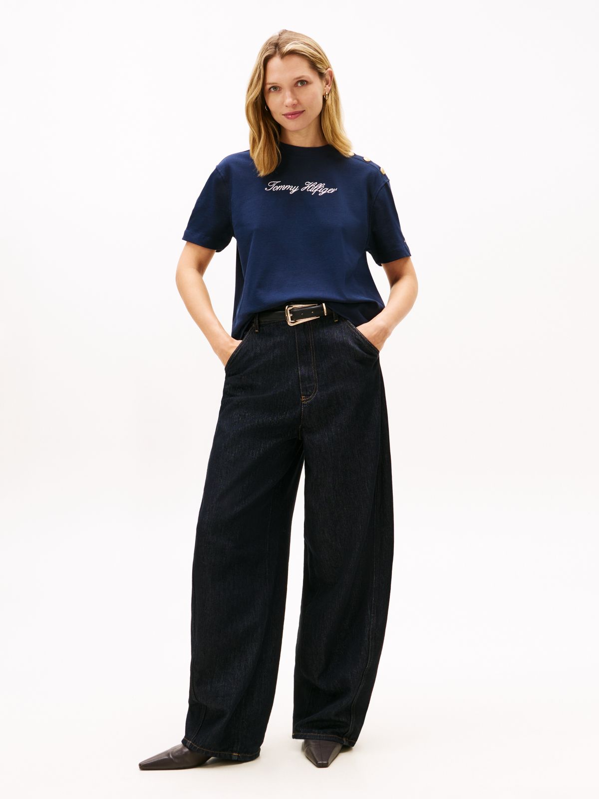 Gold-Tone Button Logo Embroidery Relaxed T-Shirt — Blue