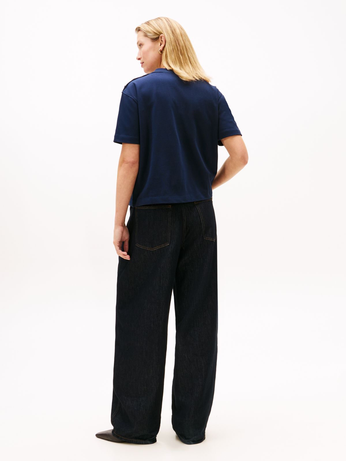 Gold-Tone Button Logo Embroidery Relaxed T-Shirt — Blue