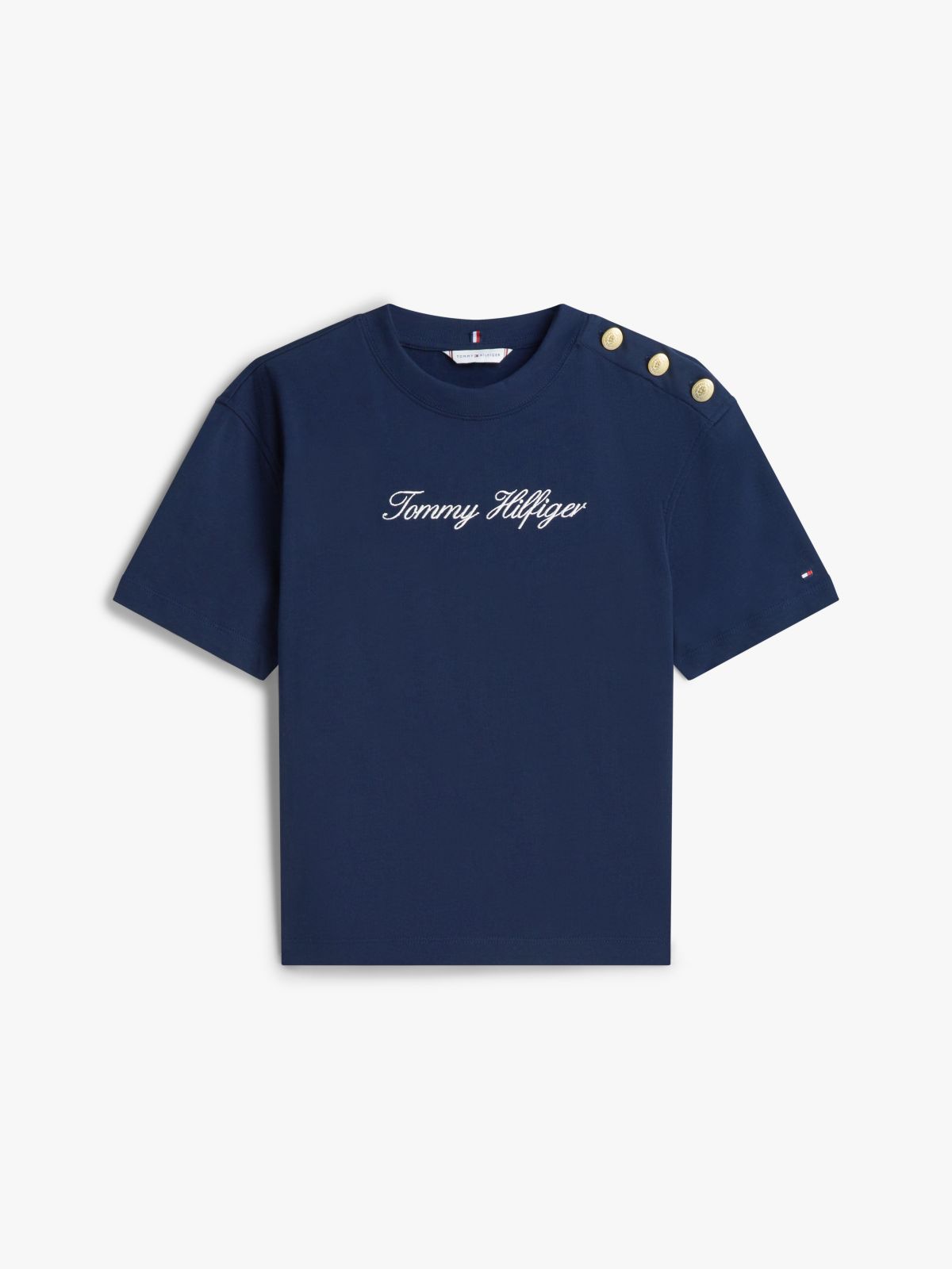 Gold-Tone Button Logo Embroidery Relaxed T-Shirt — Blue