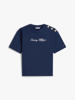 Gold-Tone Button Logo Embroidery Relaxed T-Shirt — Blue 5