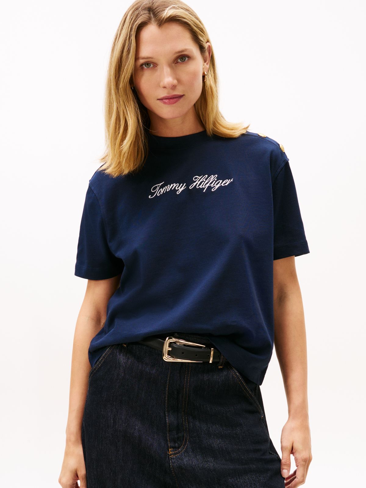 Gold-Tone Button Logo Embroidery Relaxed T-Shirt — Blue