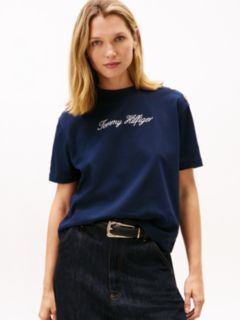 Gold-Tone Button Logo Embroidery Relaxed T-Shirt — Blue 1