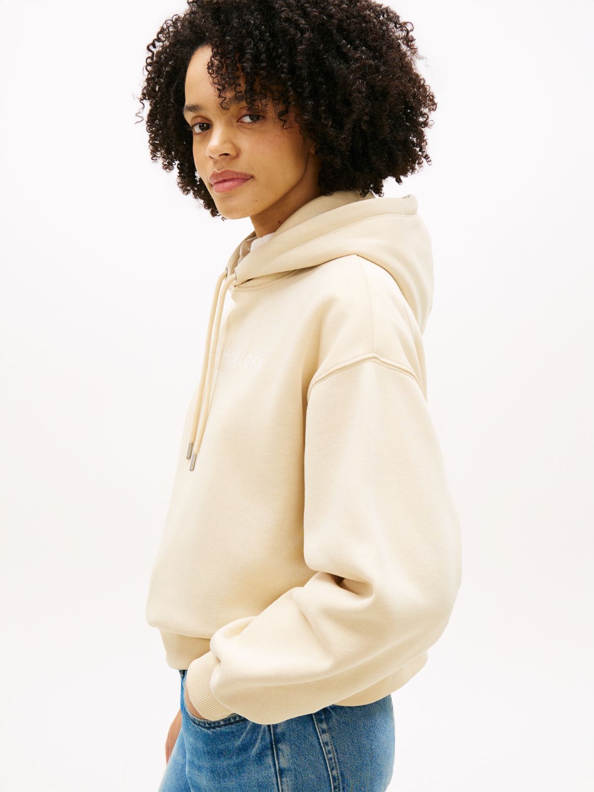 Logo Fleece Relaxed Drawstring Hoody — Beige