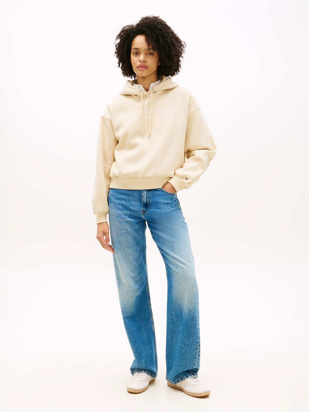 Logo Fleece Relaxed Drawstring Hoody — Beige