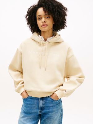 beige logo flex fleece relaxed hoody for women tommy hilfiger