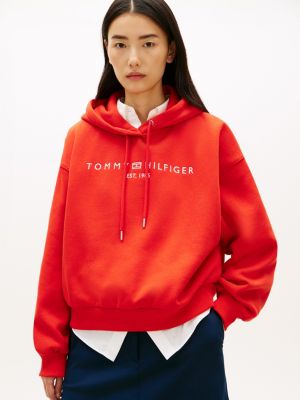 orange logo flex fleece relaxed hoody for women tommy hilfiger