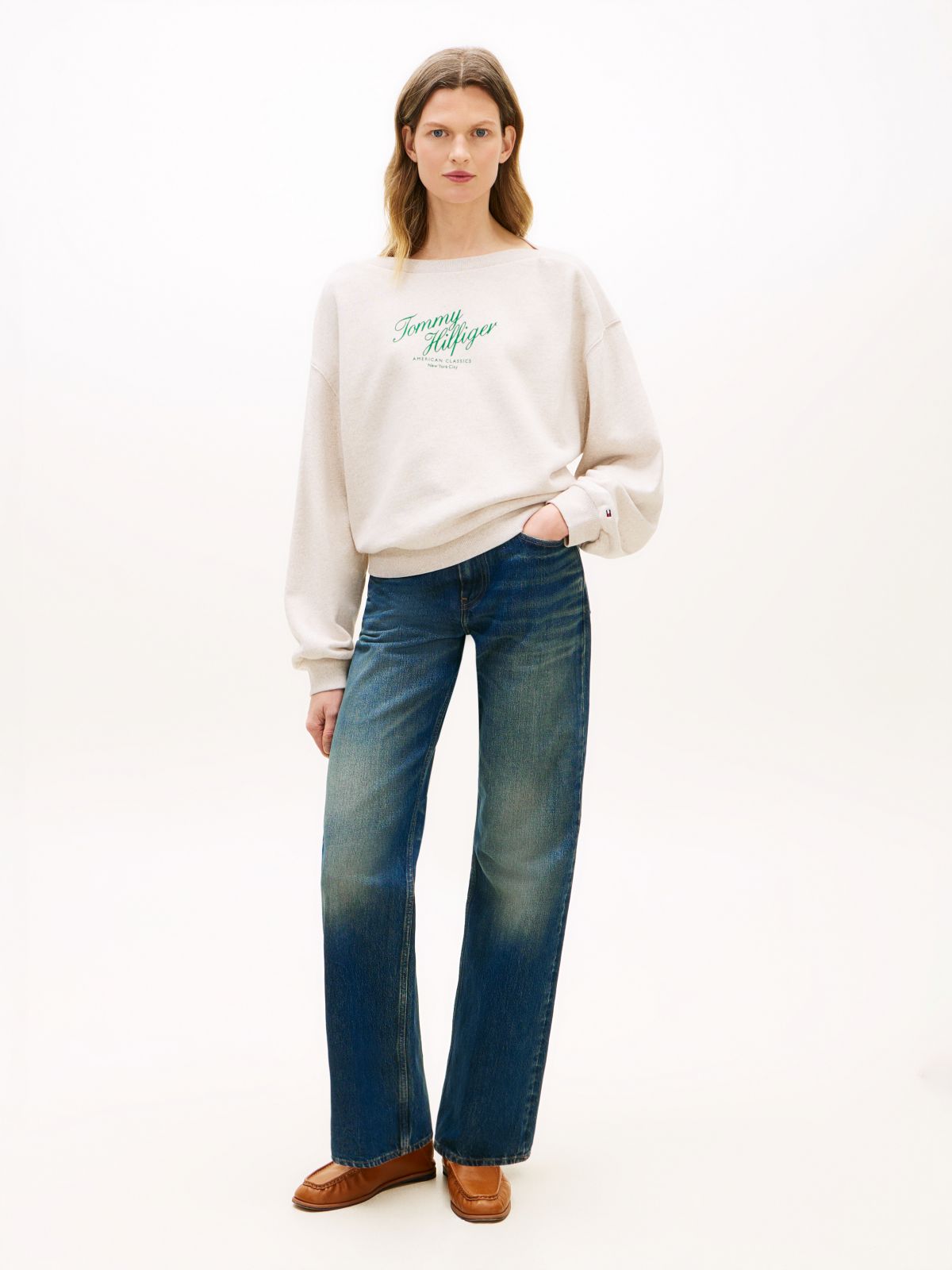 Logo Relaxed Boat Neck Sweatshirt — Beige