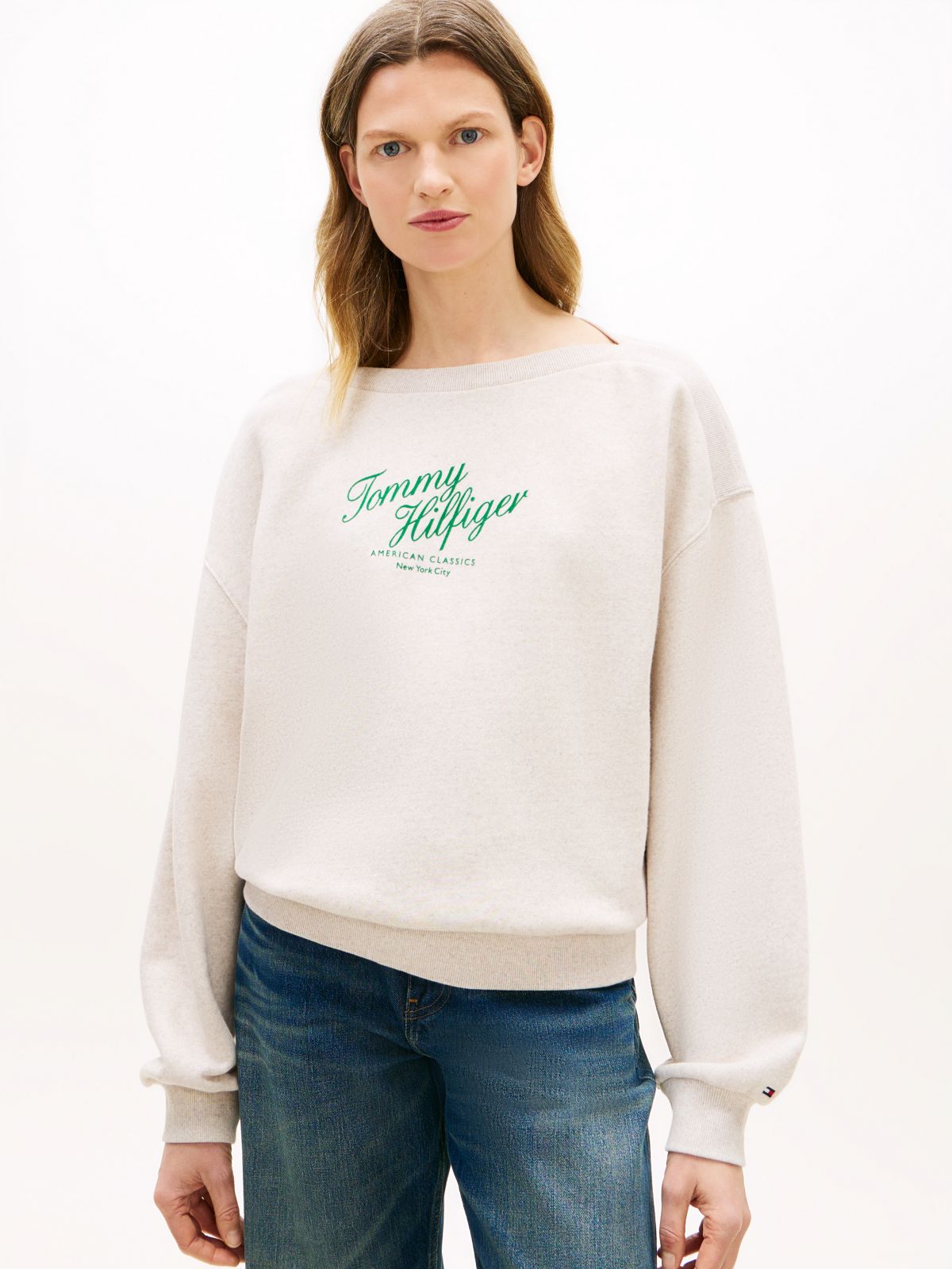 Logo Relaxed Boat Neck Sweatshirt — Beige