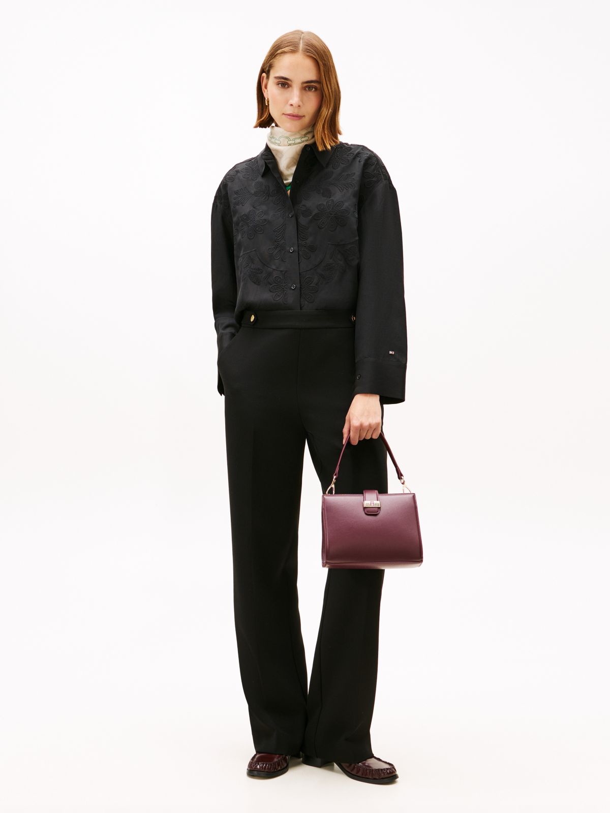 Floral Embroidery Oversized Fit Shirt With Linen — Black