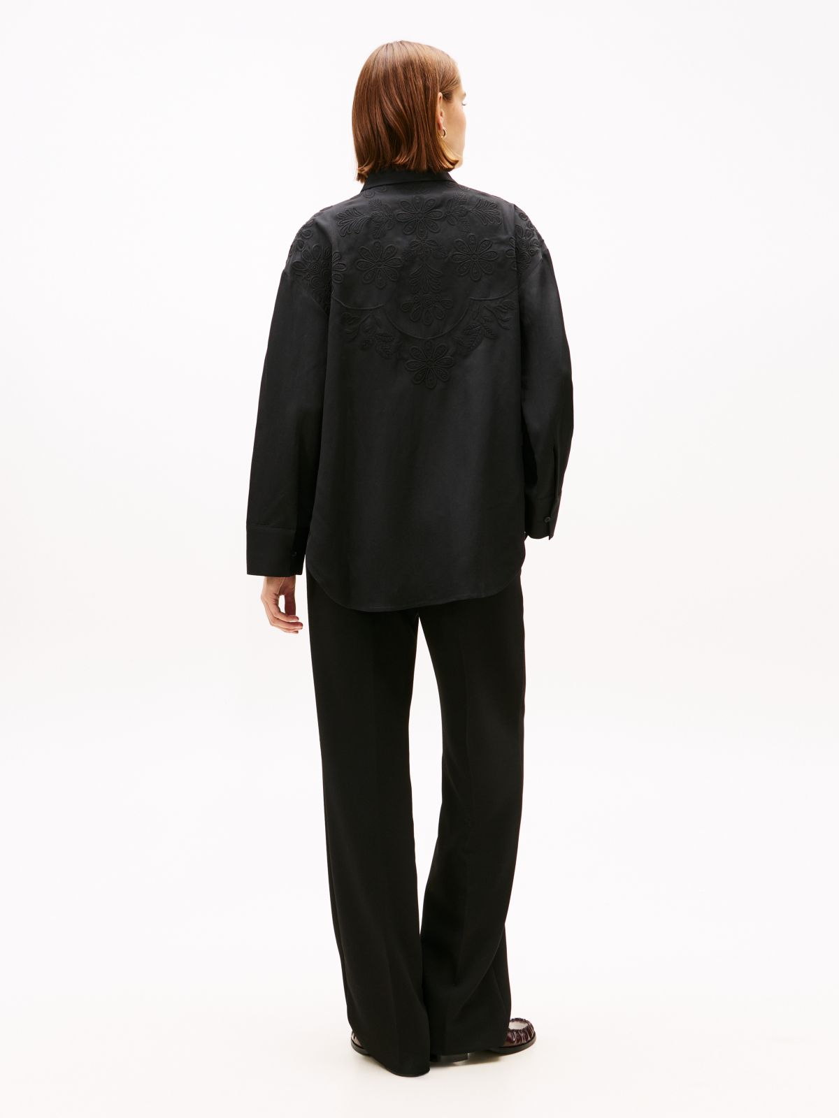 Floral Embroidery Oversized Fit Shirt With Linen — Black