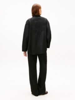 Floral Embroidery Oversized Fit Shirt With Linen — Black 4