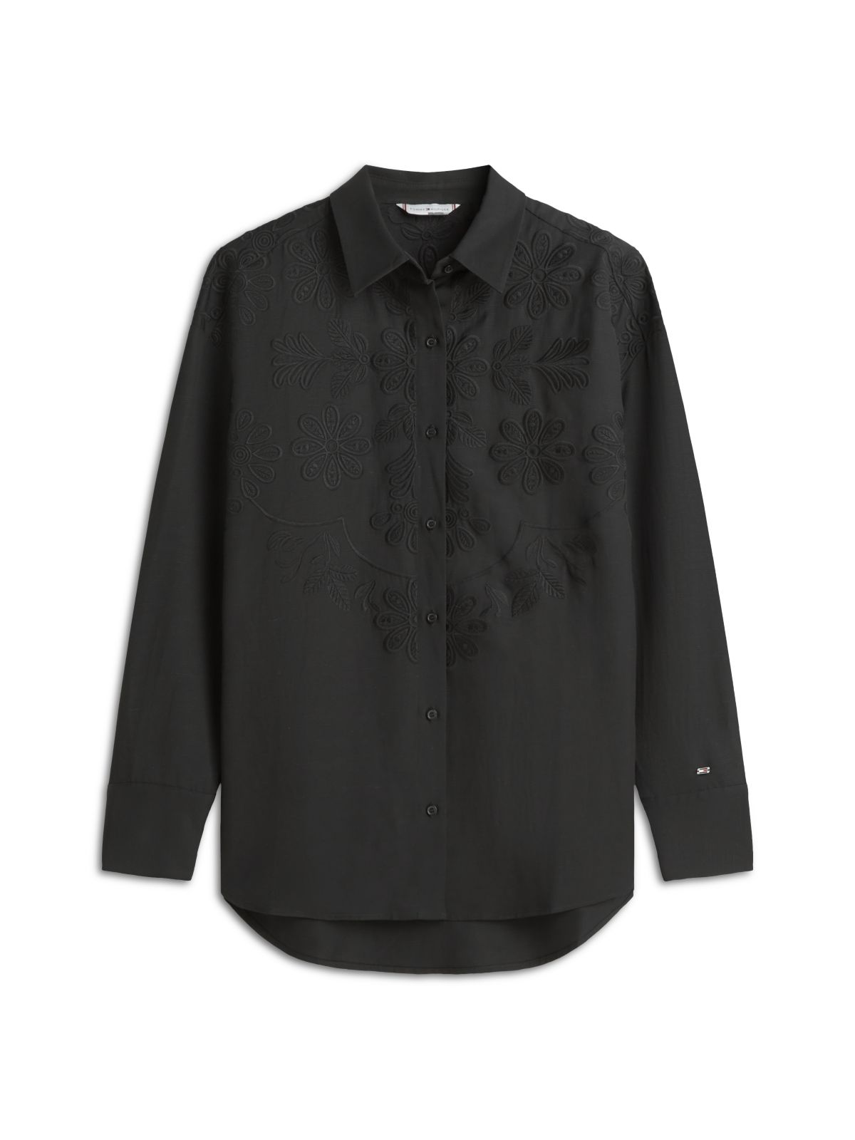 Floral Embroidery Oversized Fit Shirt With Linen — Black