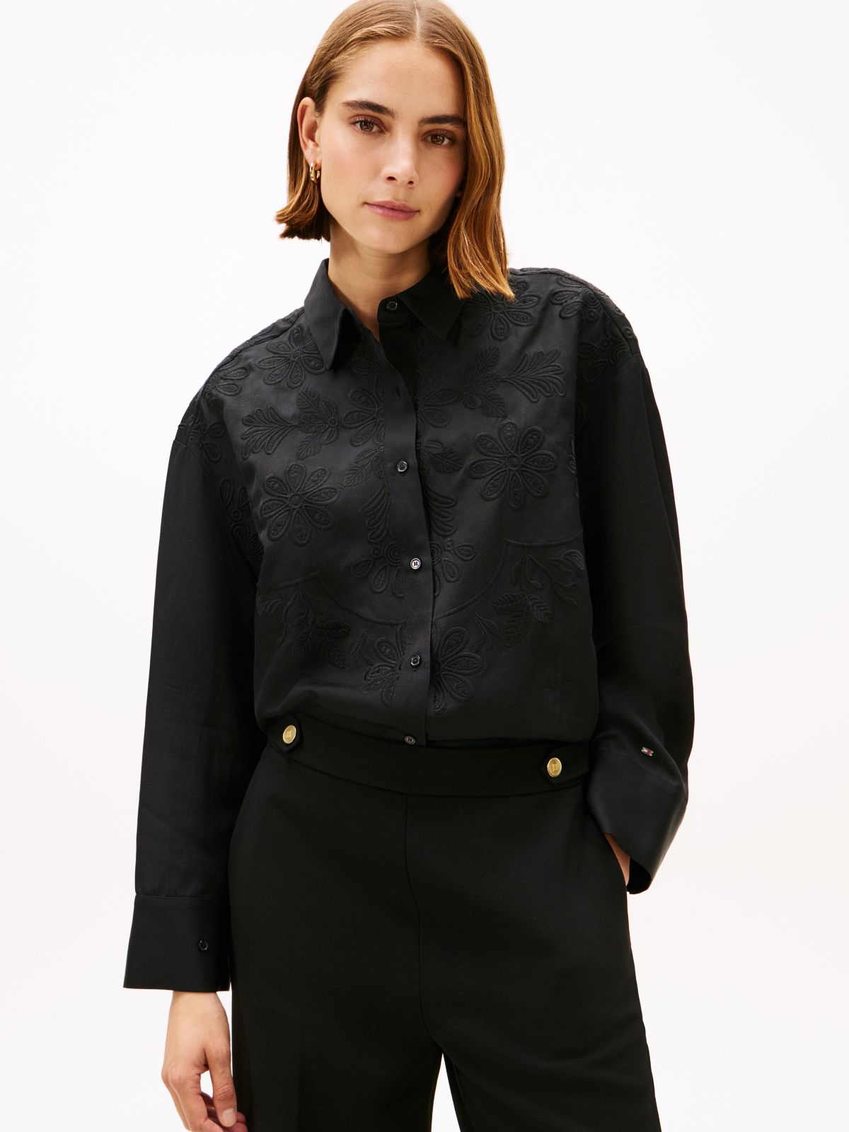 Floral Embroidery Oversized Fit Shirt With Linen — Black