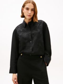 Floral Embroidery Oversized Fit Shirt With Linen — Black 1