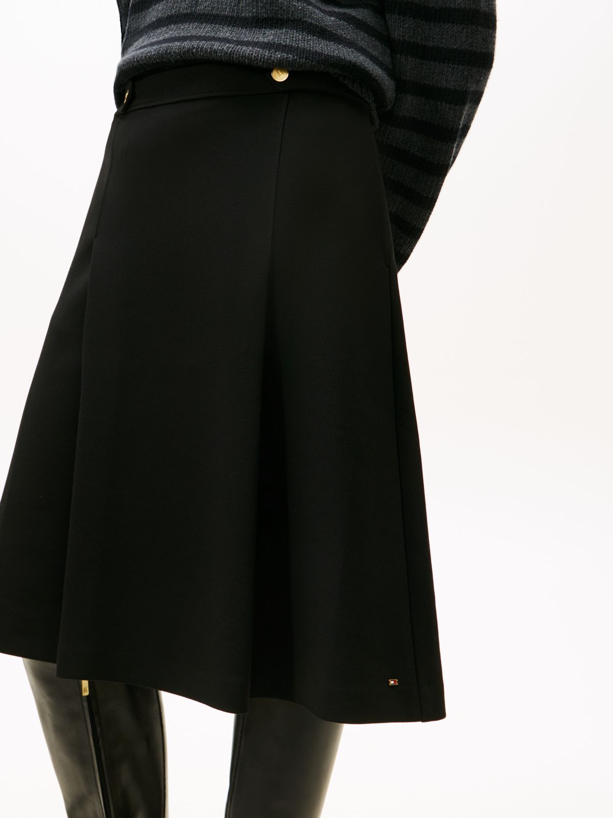 Gold-Tone Button A-Line Midi Skirt — Black