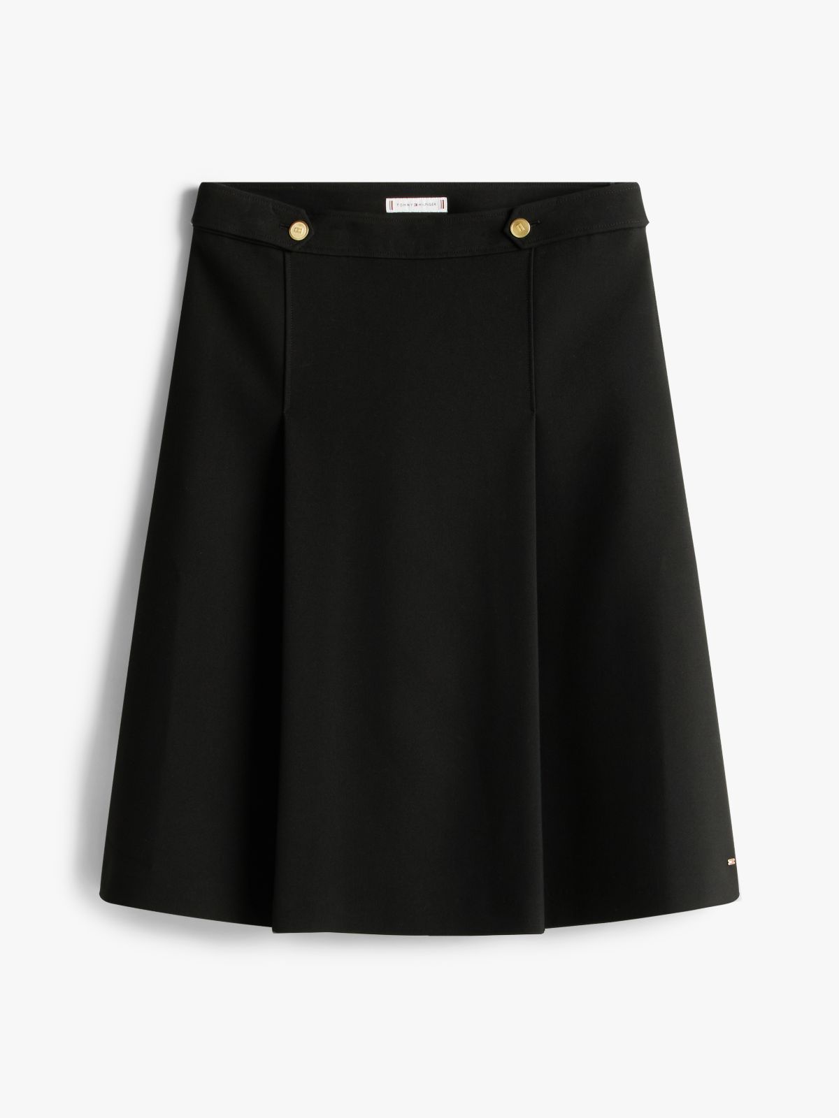 Gold-Tone Button A-Line Midi Skirt — Black