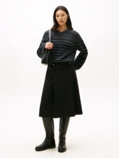 Gold-Tone Button A-Line Midi Skirt — Black 1