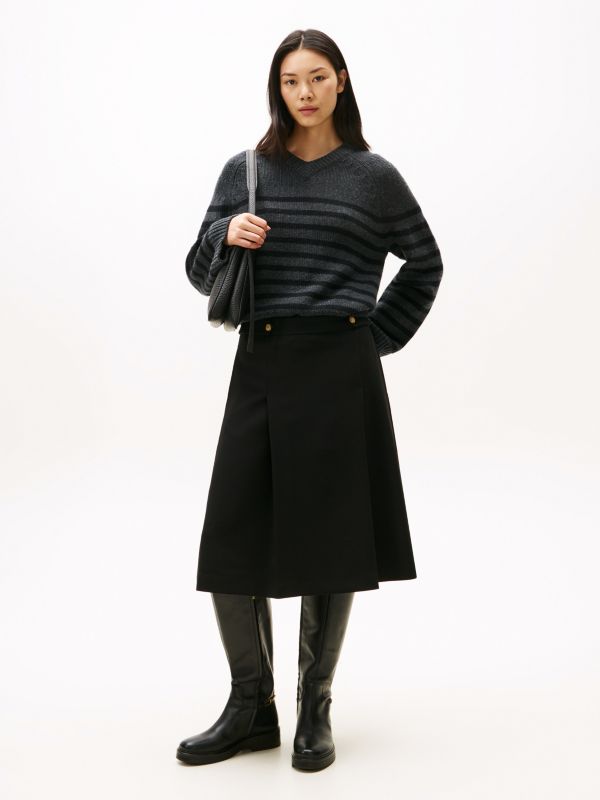 Gold-Tone Button A-Line Midi Skirt — Black