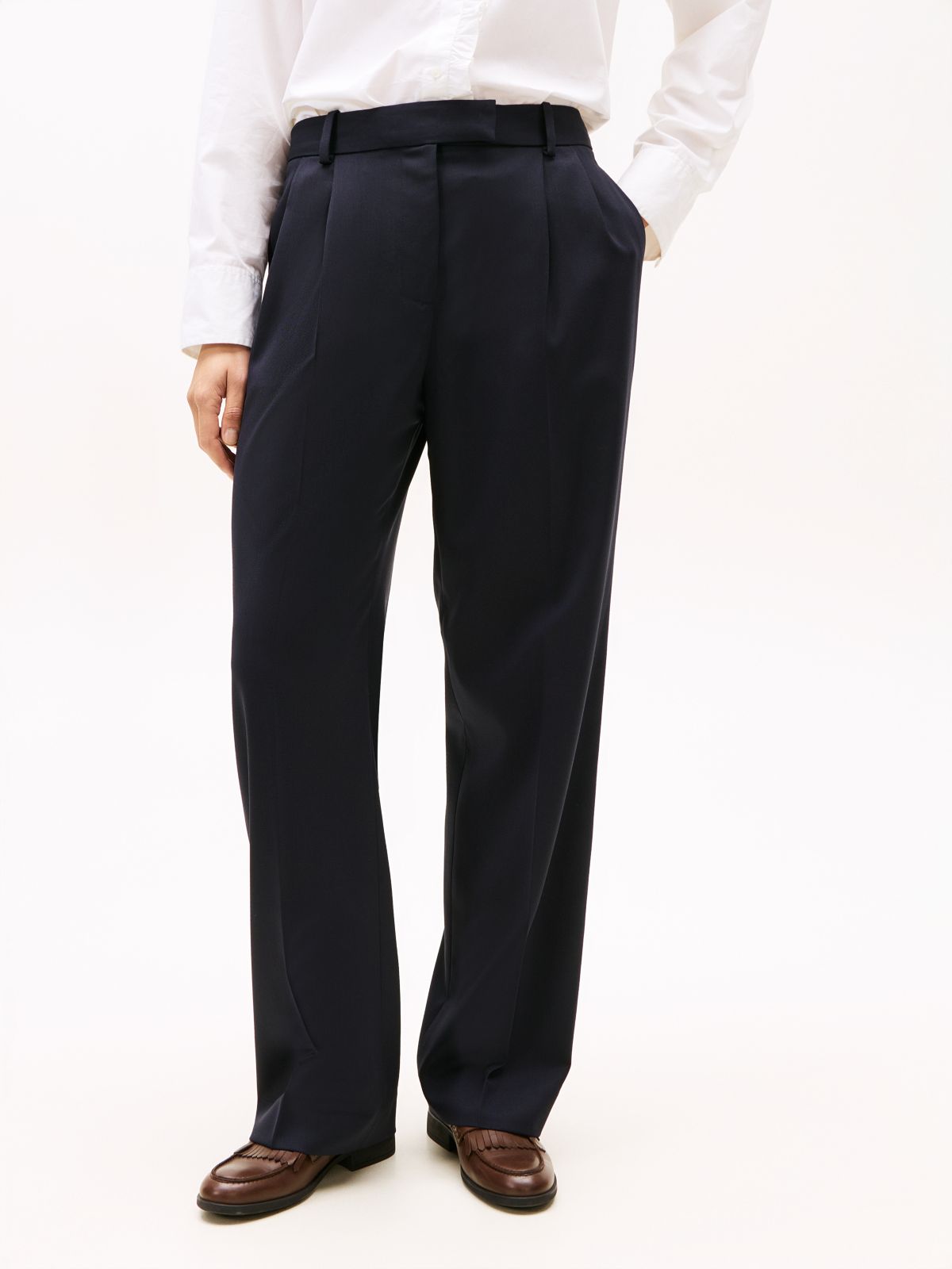 Timeless Pleated Relaxed Straight Leg Trousers — Blue