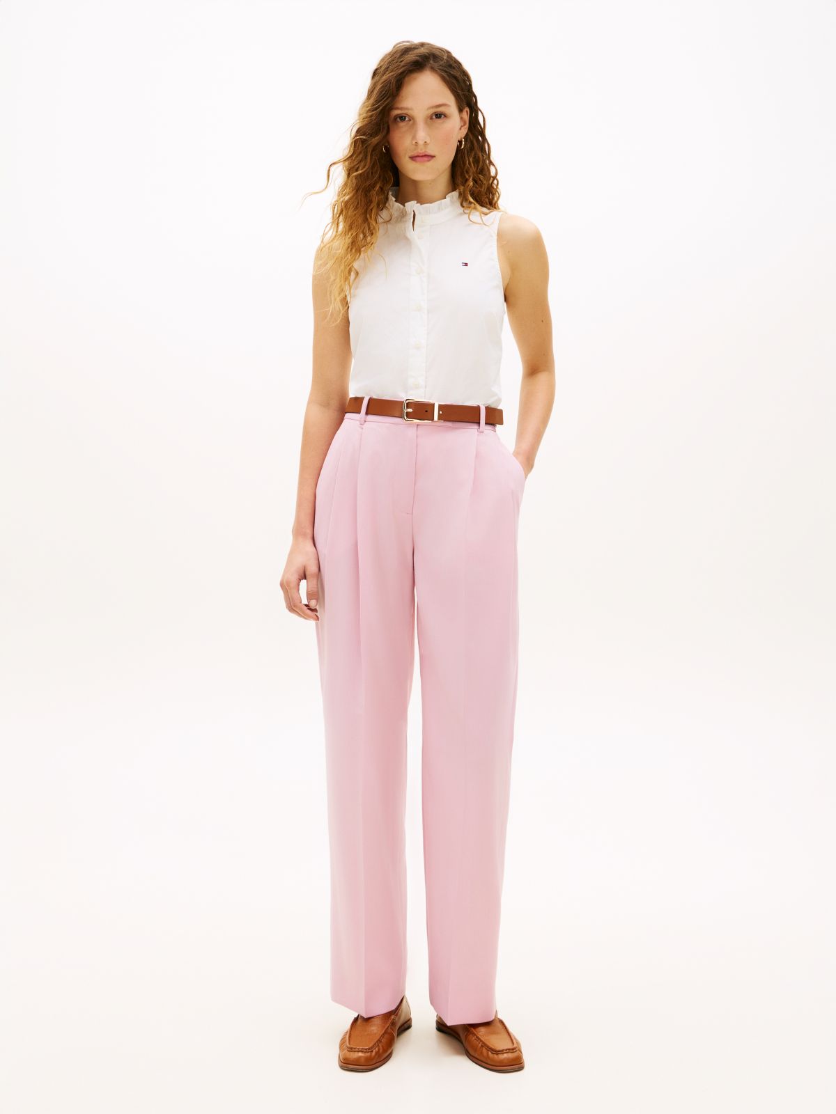 Timeless Pleated Relaxed Straight Leg Trousers — Pink