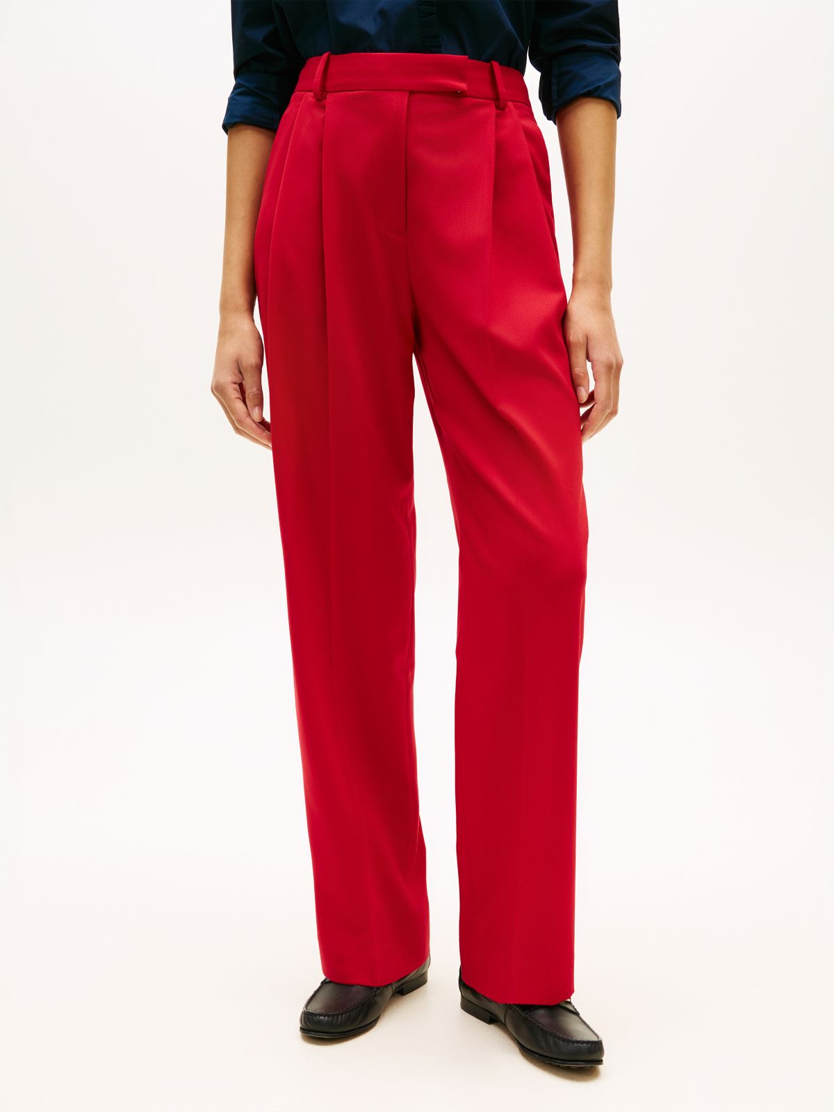 Timeless Pleated Relaxed Straight Leg Trousers — Red