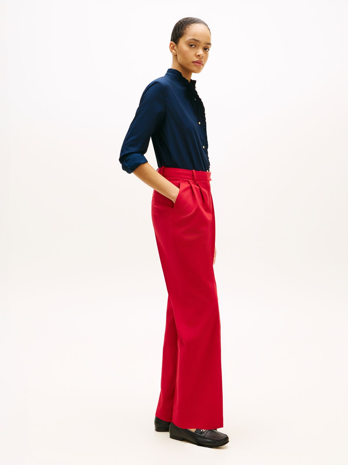 Timeless Pleated Relaxed Straight Leg Trousers — Red