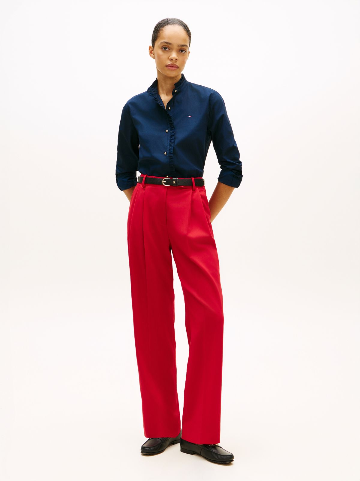 Timeless Pleated Relaxed Straight Leg Trousers — Red