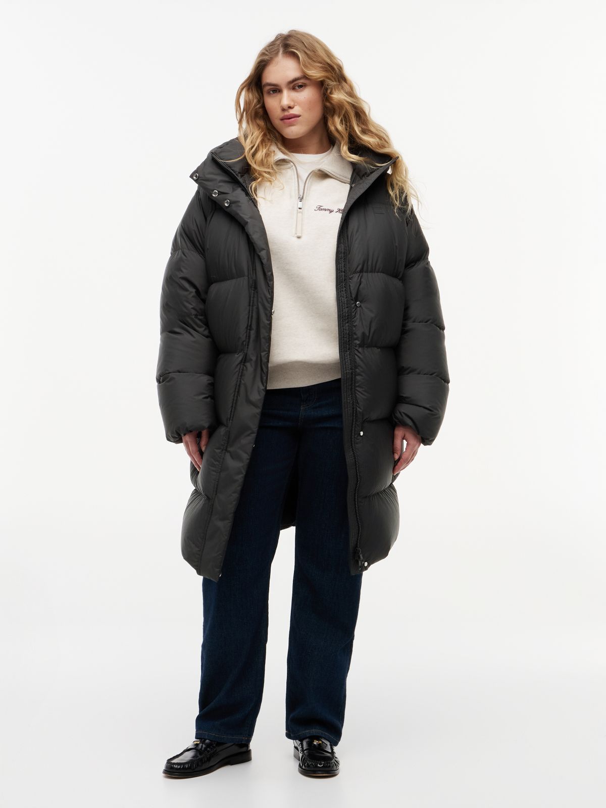 Curve Water Repellent Down Hooded Coat — Black