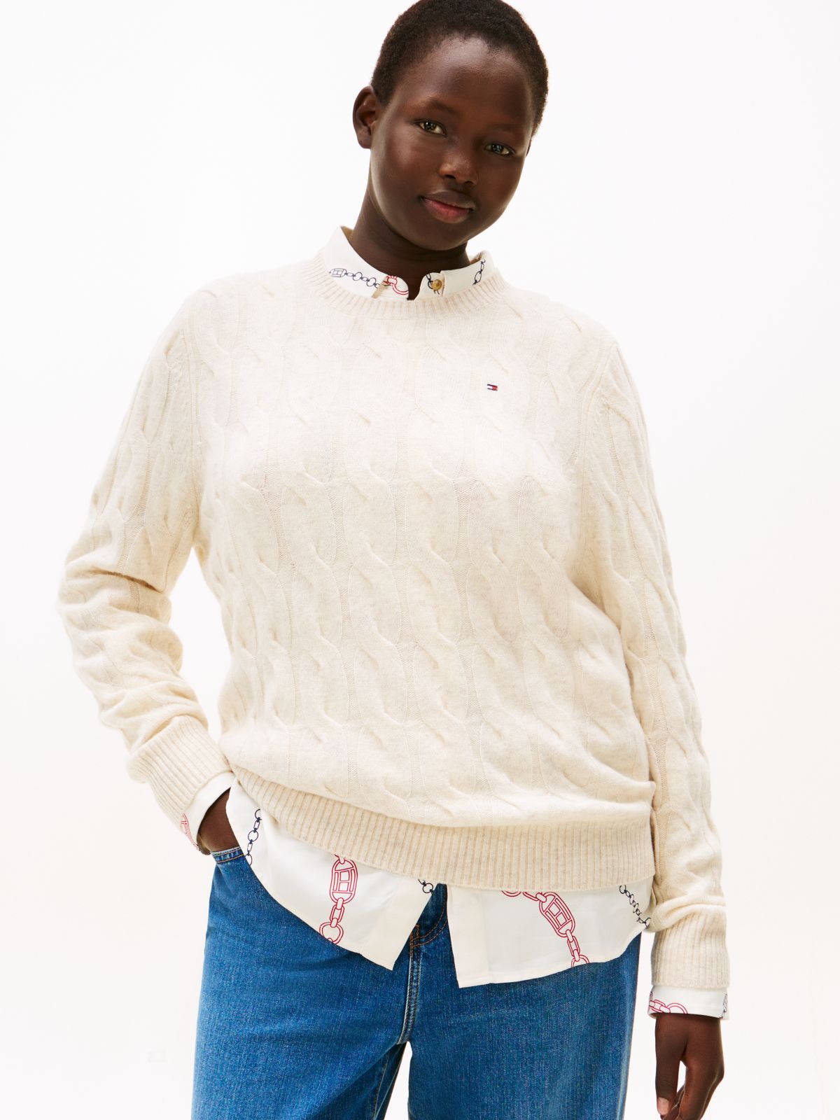 Curve Cable Knit Soft Wool Jumper — Beige