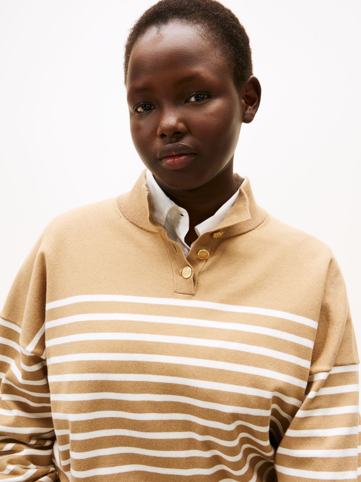 Curve Stripe Gold-Tone Button Jumper — Multi