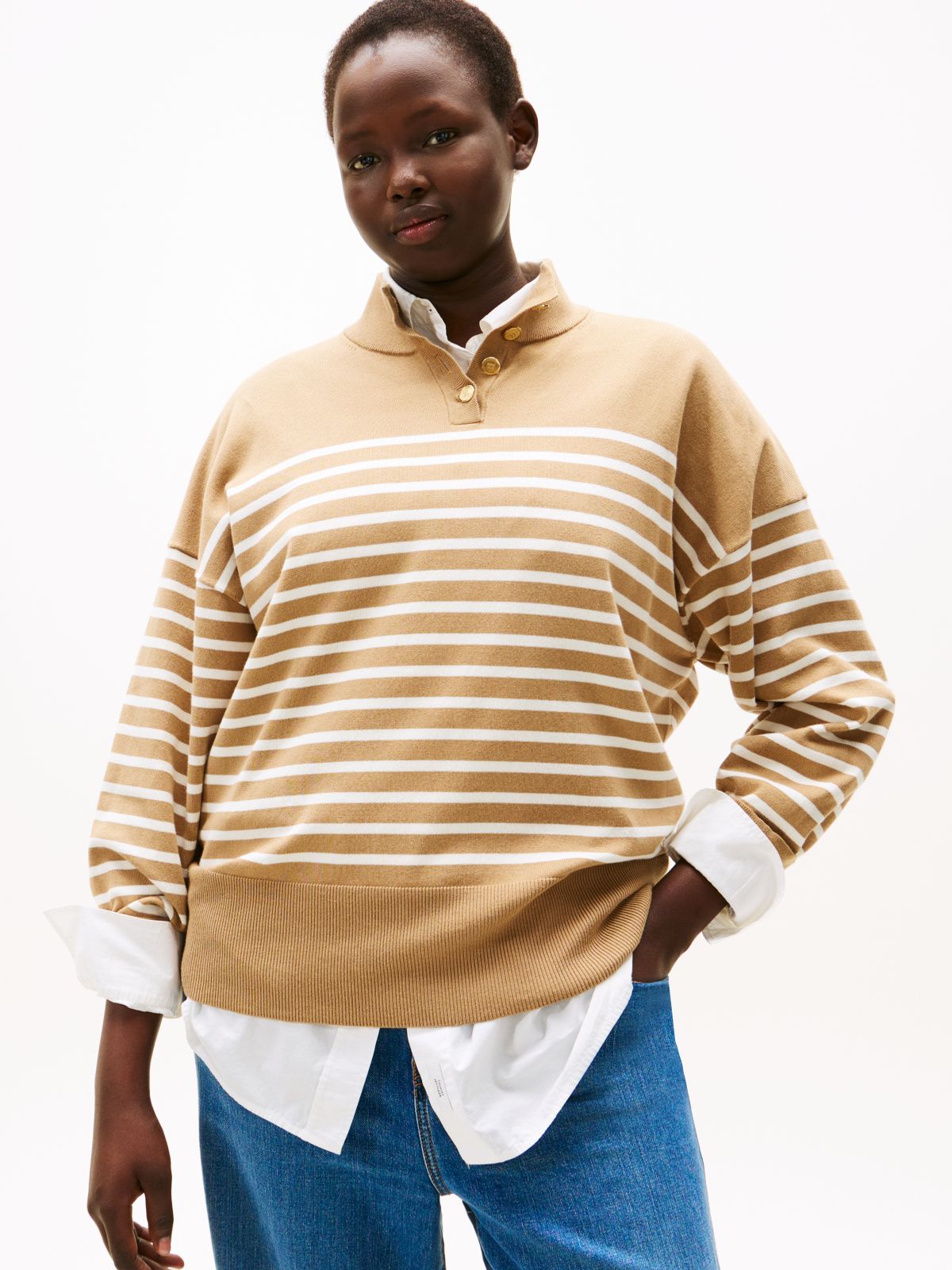 Curve Stripe Gold-Tone Button Jumper — Multi