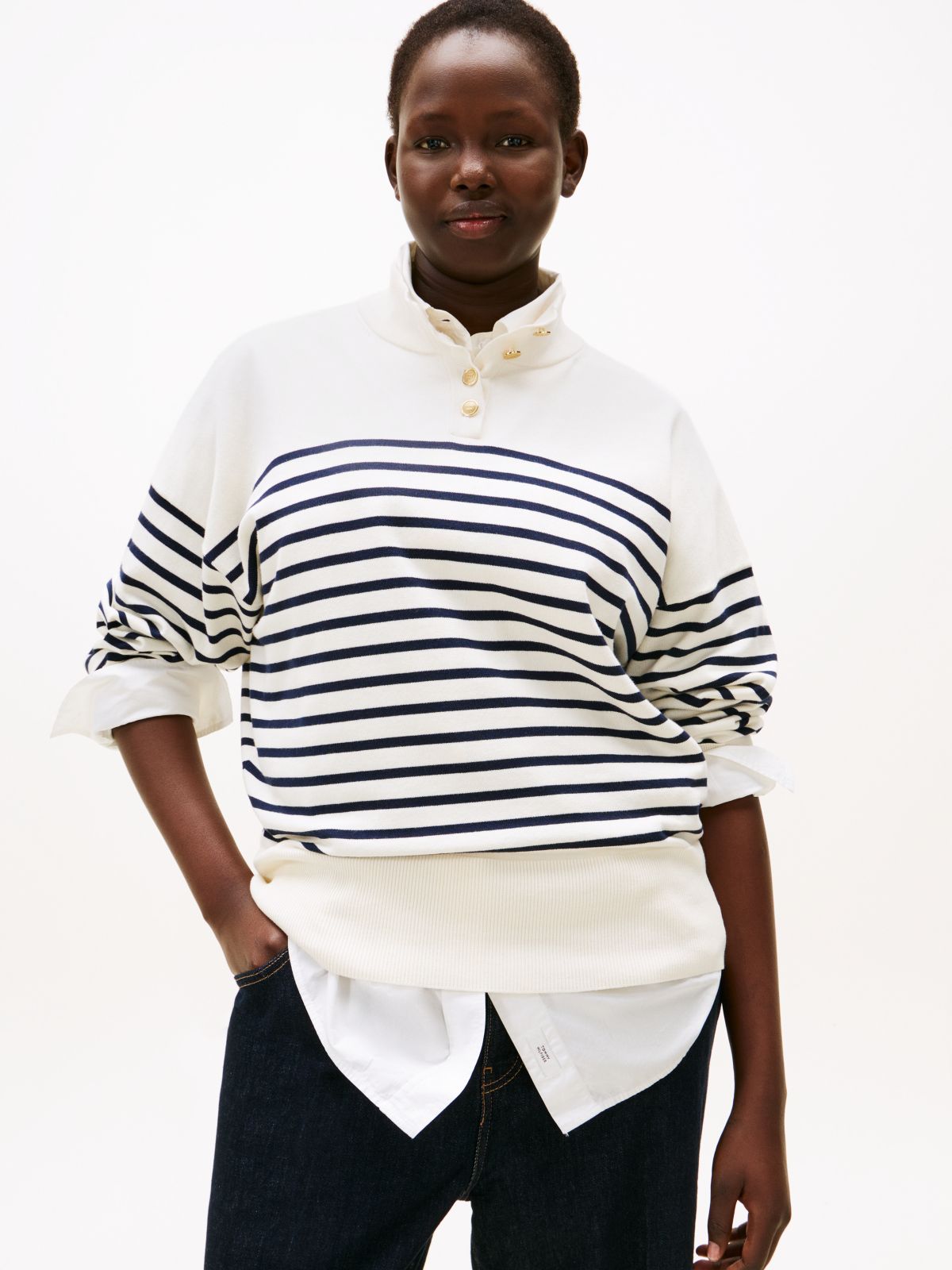 Curve Stripe Gold-Tone Button Jumper — Multi