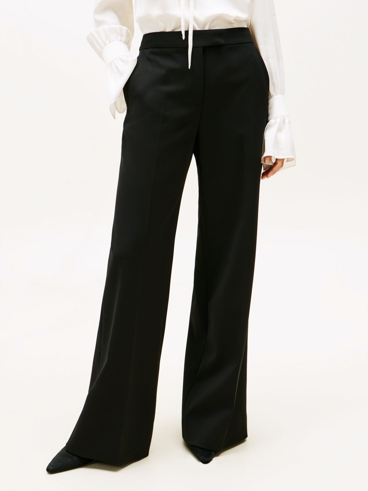 Wool Blend Flared Tuxedo Trousers — Black