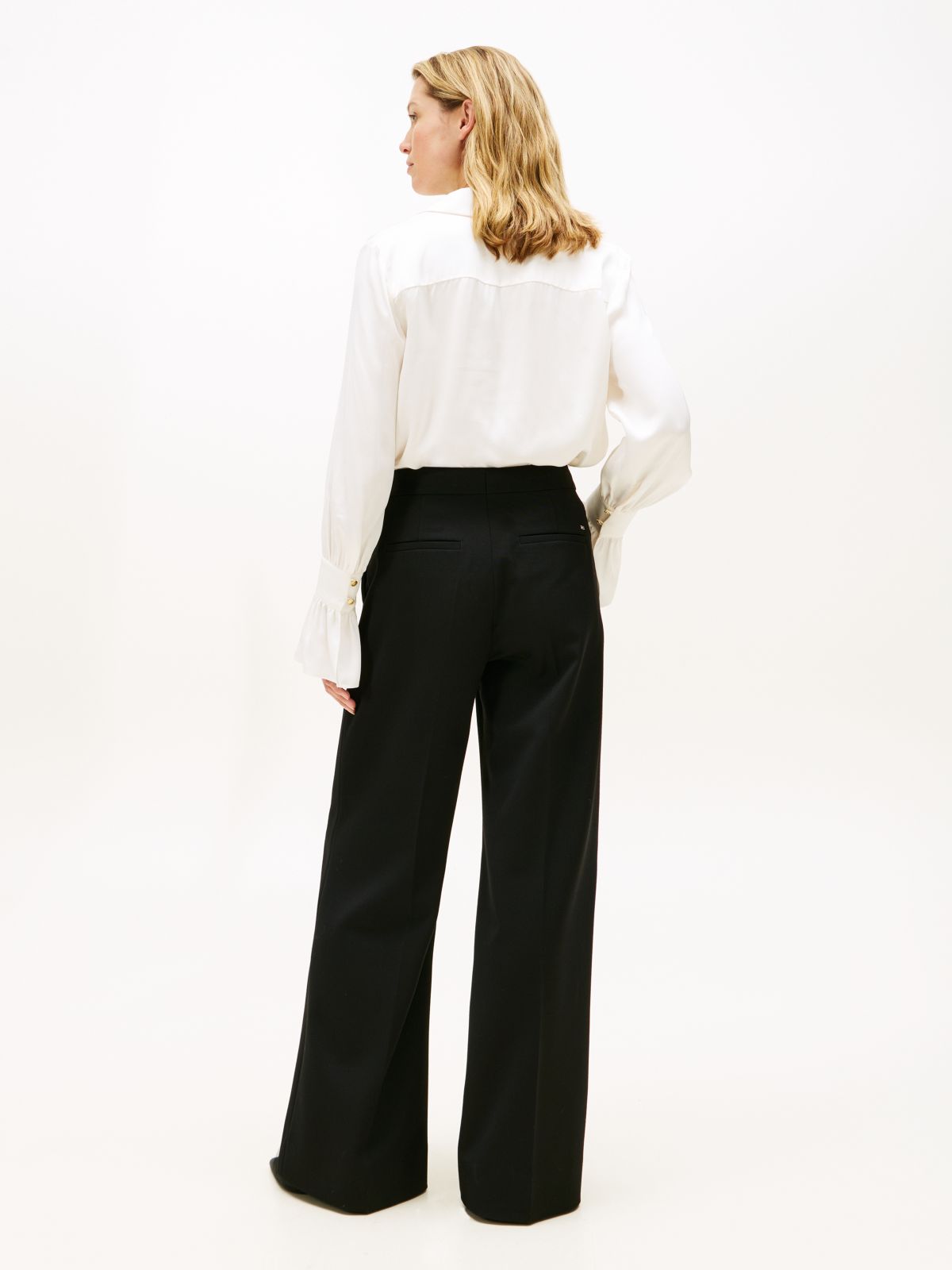 Wool Blend Flared Tuxedo Trousers — Black