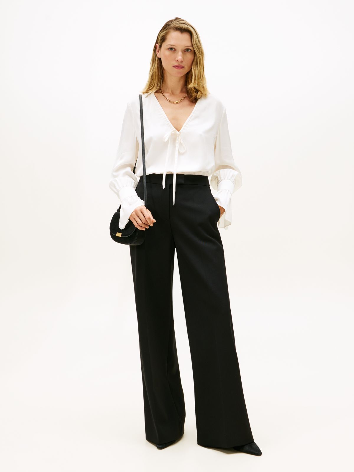 Wool Blend Flared Tuxedo Trousers — Black