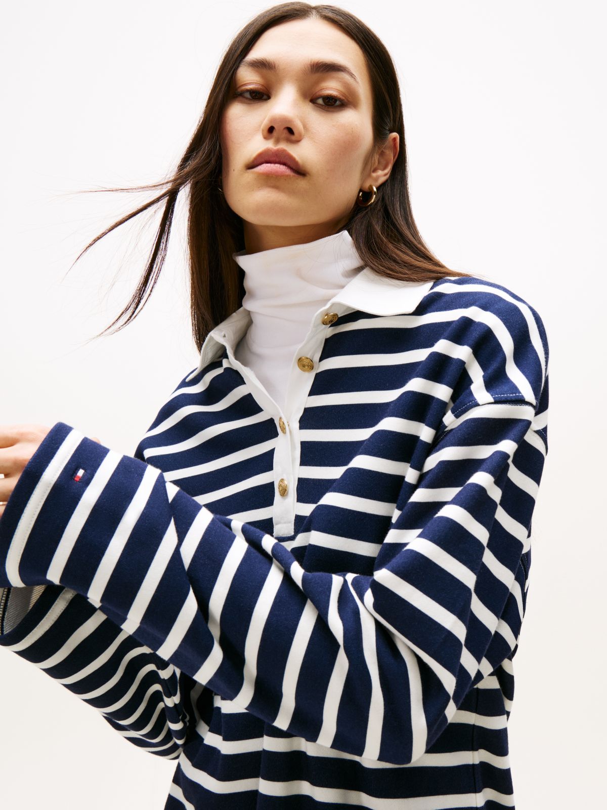 Gold-Tone Button Relaxed Mini Rugby Dress — Blue