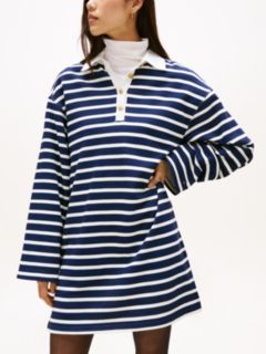 Gold-Tone Button Relaxed Mini Rugby Dress — Blue 3