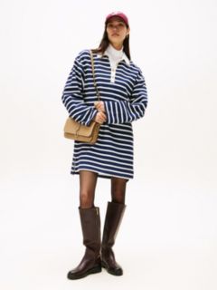 Gold-Tone Button Relaxed Mini Rugby Dress — Blue 1