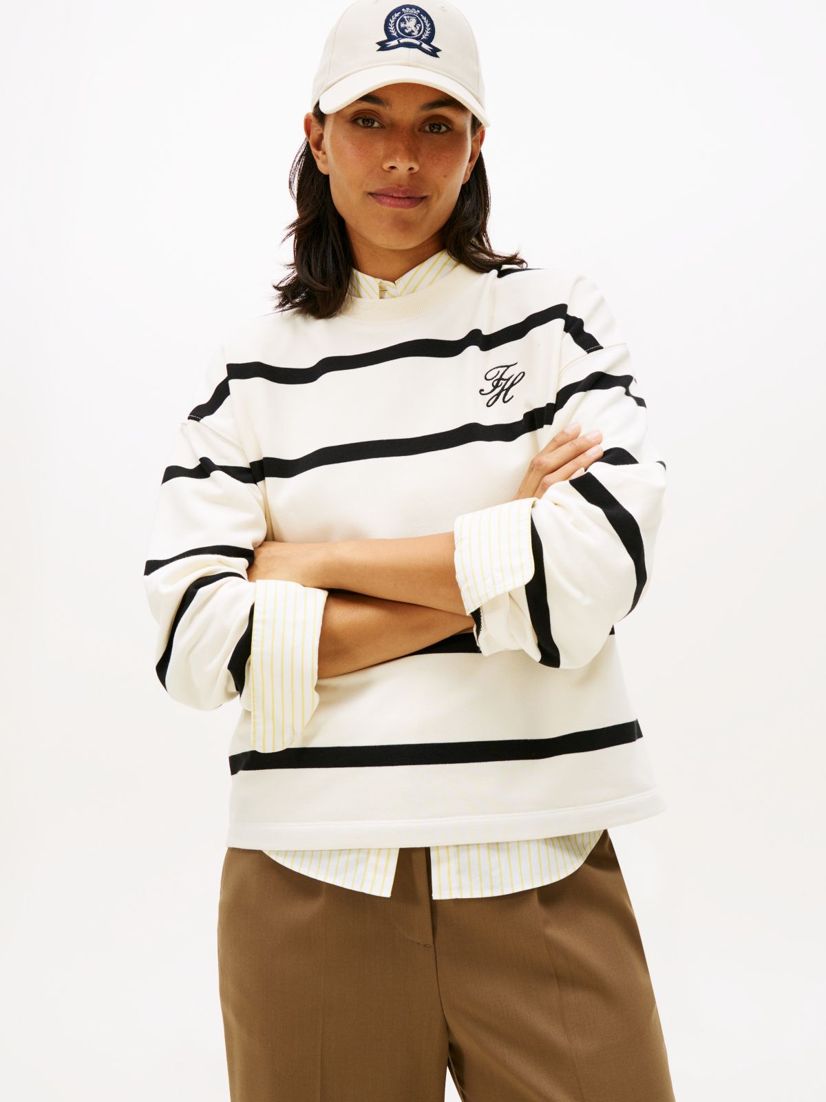 Logo Embroidery Terry Crew Neck Sweatshirt — Beige