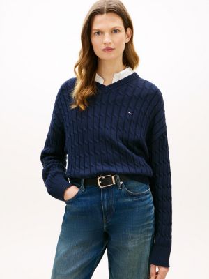 blue relaxed fit zopfstrick-pullover für damen - tommy hilfiger