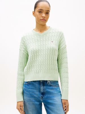 green cable knit relaxed jumper for women tommy hilfiger