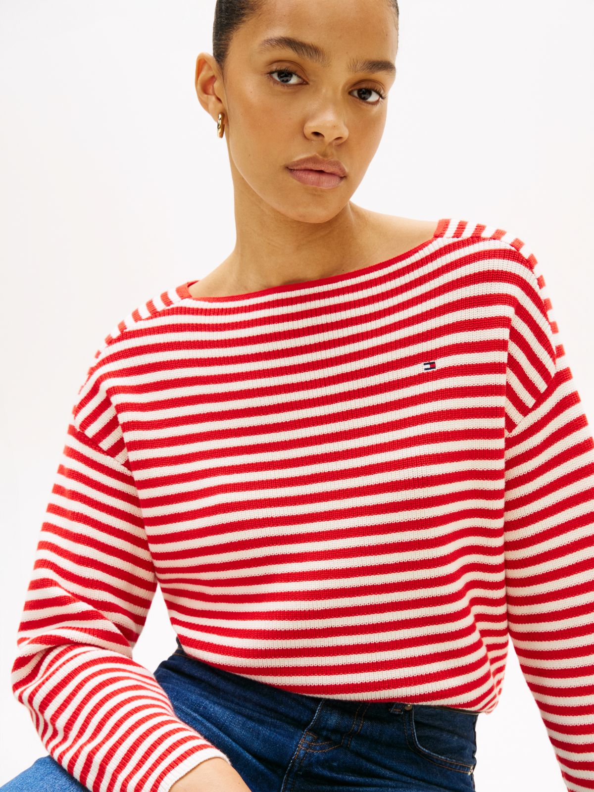 Flag Embroidery Boat Neck Jumper — Red