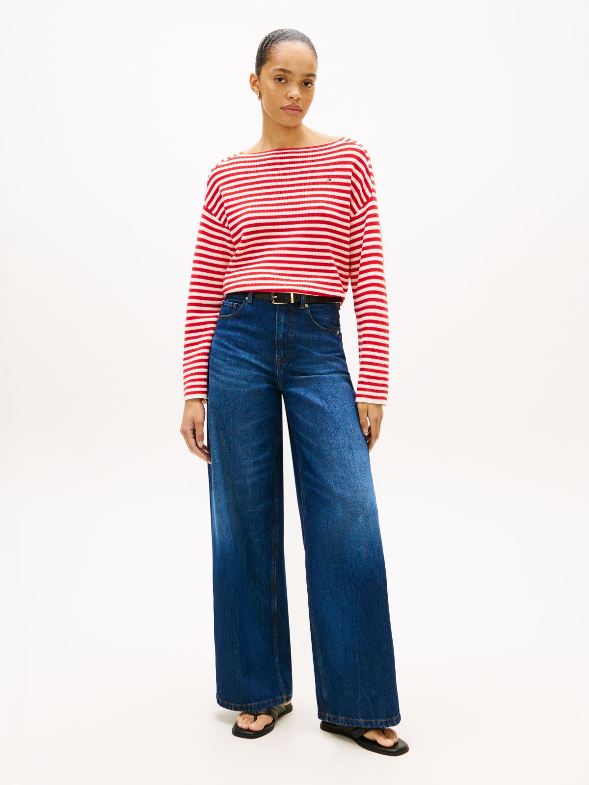 Flag Embroidery Boat Neck Jumper — Red