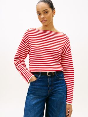 pull à col bateau et drapeau brodé red pour femmes tommy hilfiger