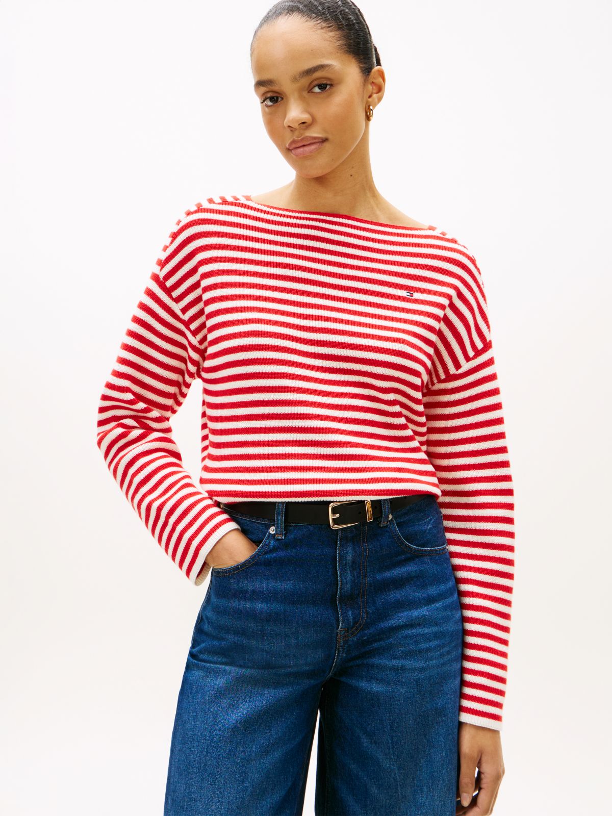 Flag Embroidery Boat Neck Jumper — Red