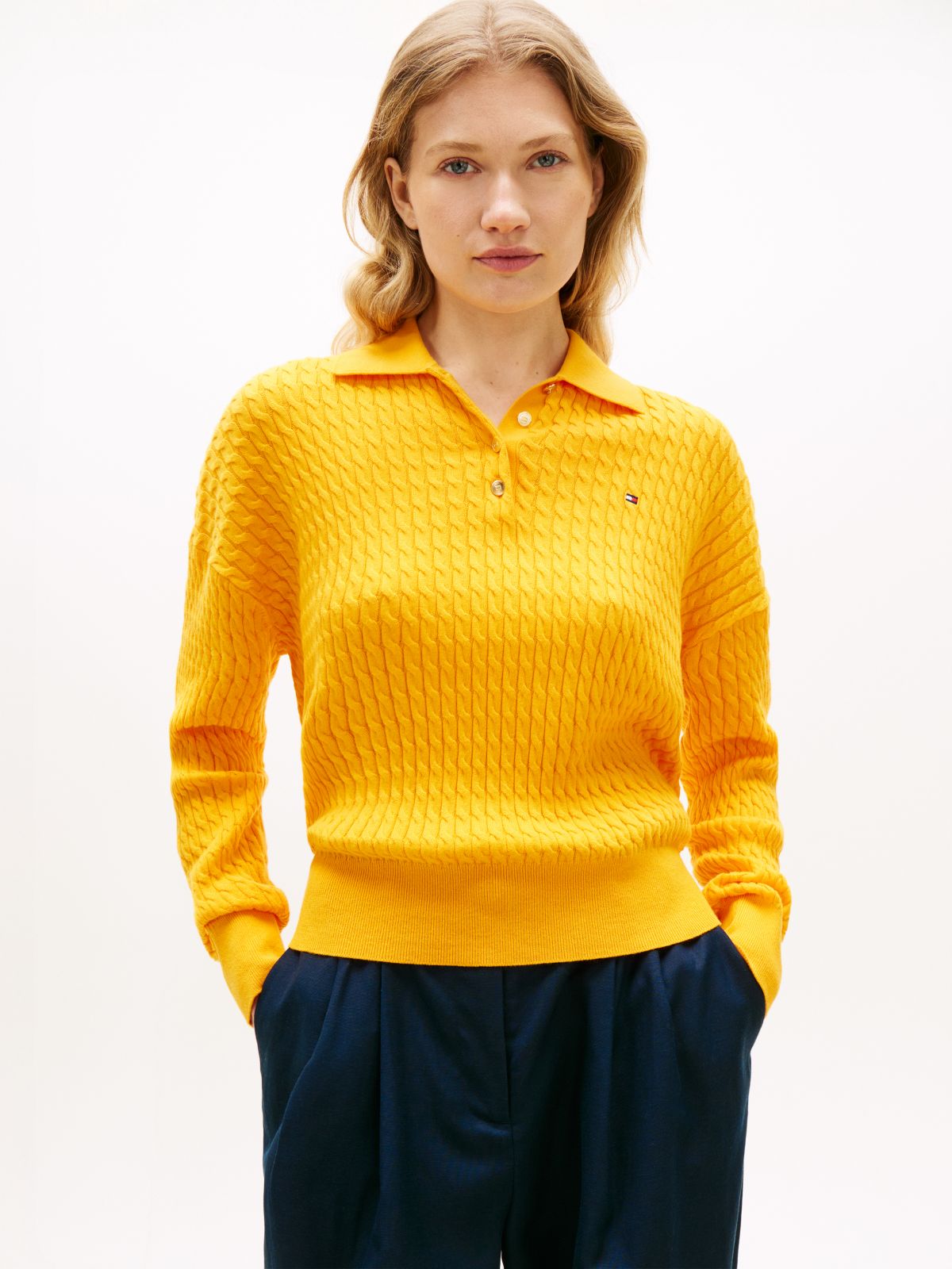 Cable Knit Relaxed Polo Jumper — Orange