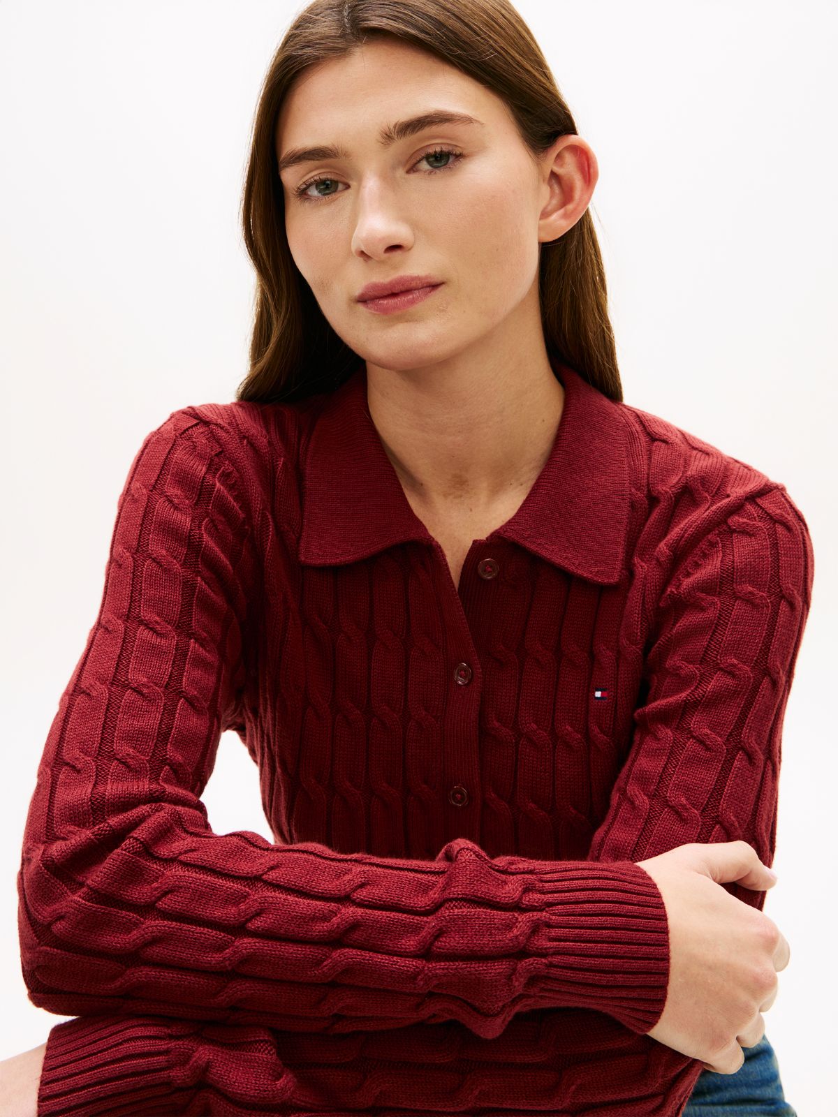 Cable Knit Polo Cardigan — Red